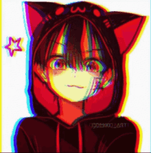 a colorful drawing of a boy wearing a cat hoodie