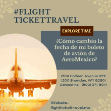 an advertisement for flight ticket travel shows an airplane in the background