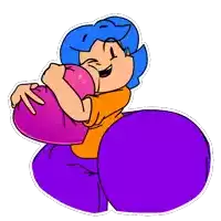 a cartoon girl with blue hair is holding a pink balloon .