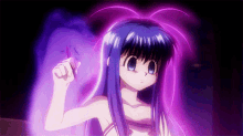 a girl with long blue hair and purple hair is holding a purple object in her hand .