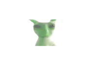 a close up of a green cat 's face with black eyes on a white background .