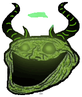 a drawing of a troll face with horns and the letters hh on the bottom right