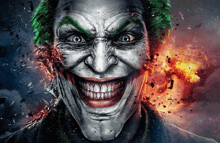 a close up of a joker 's face with green hair