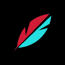 a red and blue feather on a black background is a logo .