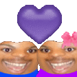 a man and a woman are standing next to each other with a heart on their heads .