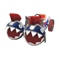 a red white and blue car with a shark face on the wheels