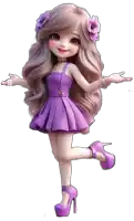 a doll is wearing a purple dress and purple high heels