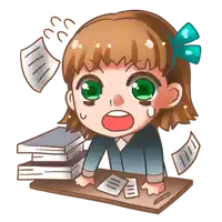 a cartoon of a girl sitting at a desk with papers flying around her head