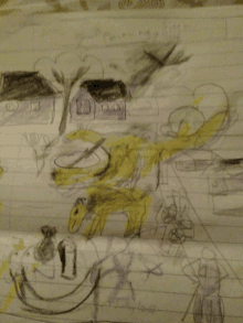 a child 's drawing on lined paper shows a house and a yellow horse