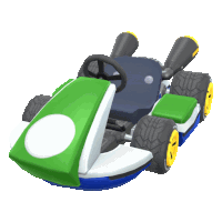 a green white and blue toy car with a white circle on the front