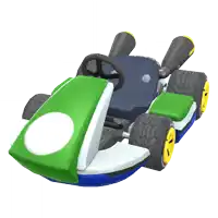 a green white and blue toy car with a white circle on the front