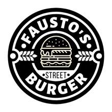 a black and white logo for fausto 's street burger with a hamburger in the center