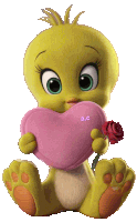 a cartoon bird holding a pink heart with a c on it