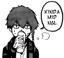 a black and white drawing of a boy eating a banana with a speech bubble that says `` kinda mid ngl ''