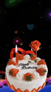 a birthday cake with strawberries and a candle that says happy birthday on it