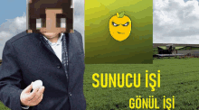 a man in a suit is holding an egg in front of a yellow sign that says sunucu isi