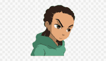 a cartoon drawing of a boy with dreadlocks wearing a green hoodie