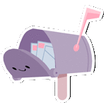 a purple mailbox with a pink flag coming out of it .