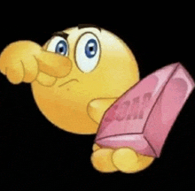 a cartoon smiley face is pointing at something and holding a pink block of soap .