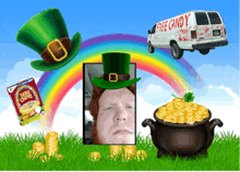 a picture of a leprechaun with a box of lucky charms and a van that says free candy