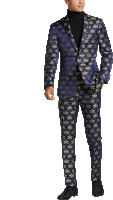 a man is wearing a suit with gold leaves on it