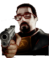 a man with glasses and a beard pointing a gun with the words " this guy is " visible