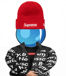 a person wearing a supreme hat and jacket