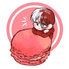 a drawing of a boy sitting on top of a pink macaroon