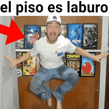 a man is jumping in the air in front of a wall of video games with the words el piso es laburo above him