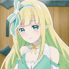 a girl with blonde hair and blue eyes is wearing a green dress