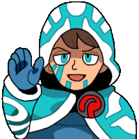 a cartoon character wearing a blue cape and a hood