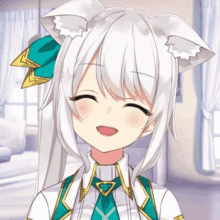 a close up of a girl with white hair and cat ears smiling in a room .