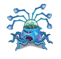 a cartoon drawing of a blue and purple monster with many eyes