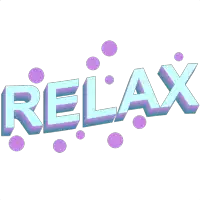 the word relax is surrounded by purple polka dots on a white background