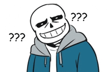 a drawing of a skeleton wearing a blue jacket and smiling with a question mark .