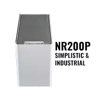 a white computer case with the words nr200p simplistic and industrial on the bottom