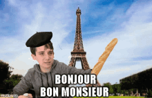 a boy in a beret is holding a loaf of bread in front of the eiffel tower