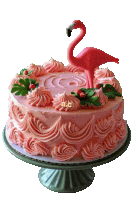 a cake with a flamingo on top has the letters bc on it