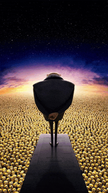 a cartoon character is standing in front of a large field of minions