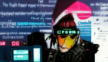 a woman wearing a cyber mask stands in front of a screen