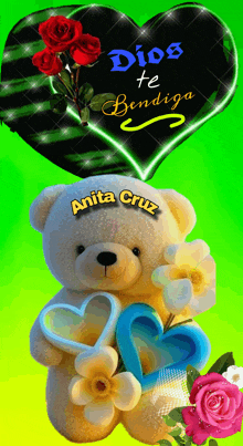 a teddy bear is holding hearts and flowers in front of a black heart that says dios te bendiga