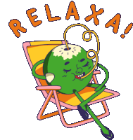 a cartoon illustration of a coconut sitting in a chair with the words relaxa written around it