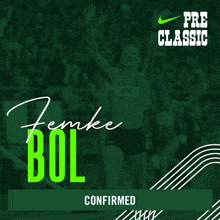 a green advertisement for femke bol confirmed