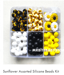 a box of sunflower assorted silicone beads kit sitting on a table