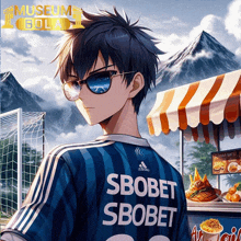 a boy wearing sunglasses and a blue shirt that says ' sbobet sbobet '