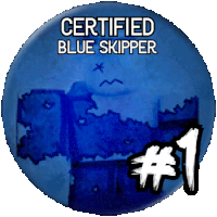 a blue button that says certified blue skipper # 1 on it