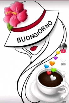 a woman wearing a hat with buongiorno written on it