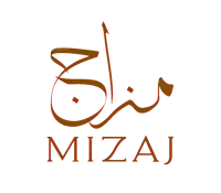 a logo for mizaj with arabic calligraphy on a white background