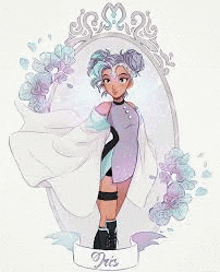 a girl with purple hair is standing in front of a mirror with flowers .