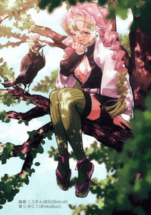 a drawing of a girl sitting on a tree branch with birds in the background